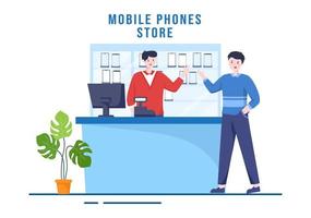 mobiel telefoon op te slaan sjabloon hand- getrokken tekenfilm vlak illustratie met telefoons modellen, tabletten, apparaatje kleinhandel, andere apparaten en accessoires vector