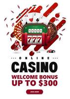 wit poster met vloeistof vormen, rood sleuf machine, casino wiel fortuin, roulette wiel, poker tafel, poker chips en spelen kaarten vector