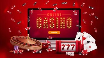 online casino, rood poster met toezicht houden op met sleuf machine, casino roulette, poker chips en spelen kaarten. vector