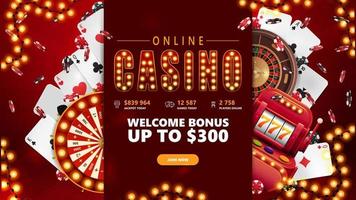 online casino, rood banier met knop, sleuf machine, casino wiel fortuin, roulette, vallend poker chips, slinger kader en spelen kaarten. vector