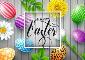 gelukkig Pasen kaart met gekleurde eieren, bloemen, konijn oren en insect in ronde vormen Aan hout achtergrond vector