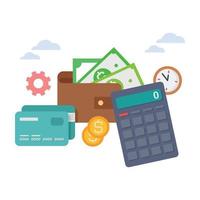 begroting beheer concept, economie portefeuille en rekenmachine illustratie. vector