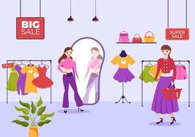 mode kleding op te slaan voor Dames sjabloon hand- getrokken tekenfilm vlak illustratie met boodschappen doen buying producten kleding of jurken ontwerp vector