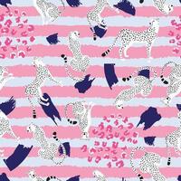 naadloos patroon met wild zwart wit katten cheeta's in verschillend poses Aan roze en ruw horizontaal lijnen met sommige vlekken en motieven. Super goed voor inpakken papier, achtergronden, textiel vector