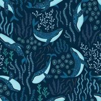 naadloos patroon met onderwater- gebochelde walvissen dansen onder de zee Aan donker blauw achtergrond. vector illustratie met walvissen in rivierbedding omringd door zeewier en algen.
