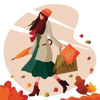 meisje wandelingen Holding boodschappen doen Tassen en Gesloten paraplu in herfst winderig het weer. concept mooi en modieus vrouw dragen winkel uitverkoop Tassen. vector
