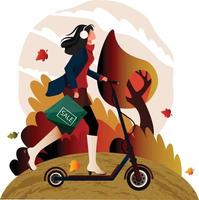 meisje wandelingen Holding boodschappen doen zak en elektrisch scooter in herfst humeurig en winderig het weer. concept mooi en modieus vrouw winkel uitverkoop Tassen. voor poster, banier, folder voor advertentie of Promotie vector