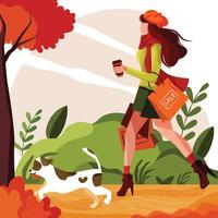 meisje wandelingen met hond in park met boodschappen doen Tassen in herfst bossen. concept mooi en modieus vrouw dragen winkel uitverkoop Tassen en Holding koffie beker. herfst buitenshuis. vroeg warm vallen seizoen vector