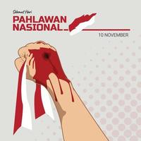 hari pahlawan nasional Holding de vlag met gewond en bloeden handen met halftone achtergrond vector