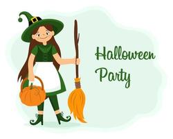 schattig heks meisje in een kostuum met een pompoen en een bezem. halloween illustratie, kinderen afdrukken, vector