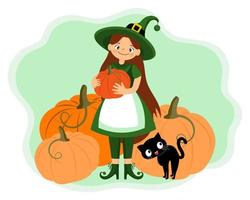 schattig heks meisje in een kostuum met pompoenen en een zwart kat. halloween illustratie, kinderen afdrukken, vector
