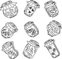 tekening stijl vector potten met divers fruit jam, zwart schets Aan wit achtergrond