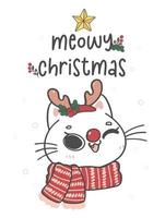 schattig wit katje kat glimlachen draagt winter sjaal en rendier gewei, miauw kerst, tekenfilm tekening dier hand- getrokken vector