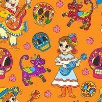 naadloos patroon van halloween met schattig Mexicaans kinderen met gitaren vector