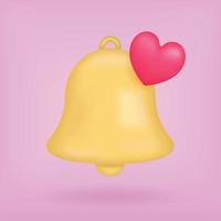 meldingen icoon met roze hart. geel klok icoon hart. realistisch 3d voorwerp. realistisch creatief conceptuele symbool van meldingen. vector illustratie