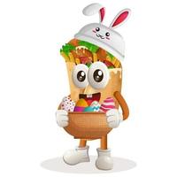 schattig burrito mascotte vervelend de konijn pet met Holding Pasen ei in mand vector