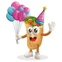 schattig burrito mascotte vervelend een verjaardag hoed, Holding ballonnen vector