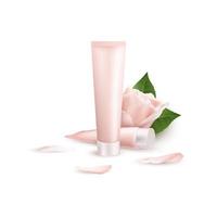 realistisch huid zorg room. advertentie verpakking mockup voor kunstmatig en medisch producten met twee buis van room, bloem en bloemblaadjes roos. vector illustratie