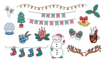 Kerstmis doodles vector set. hand- getrokken kleurrijk vakantie elementen geïsoleerd Aan wit achtergrond. Kerstmis schets ontwerp voorwerpen boom, guirlande, rinkelen bellen. tekening illustratie