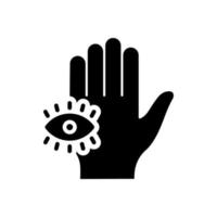 mysticus hand- palm en allemaal zien oog silhouet icoon. magie voorzienigheid fatima pictogram. hamsa Egypte esoterisch occult amulet zwart icoon. khamsa complot. geïsoleerd vector illustratie.