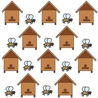 bij bijenstal. bijenkorf met bijen in tekenfilm stijl. naadloos patroon. vector illustratieachtergrond.