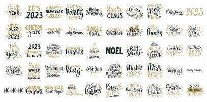 vrolijk Kerstmis en gelukkig nieuw jaar belettering. winter vakantie groet kaart, Kerstmis citaten en zinnen illustratie set. typografie verzameling voor spandoeken, ansichtkaart, groet kaarten, cadeaus vector