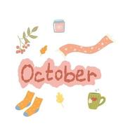 herfst clip art. schattig herfst illustratie voor ansichtkaart, web. oktober, warm sokken, thee, gebreid sjaal. vector