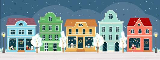 straat met winkels en huizen Bij winter nacht Aan Kerstmis vooravond. zoet winkel, snoep op te slaan, banketbakkerij, bakkerij met Kerstmis decoratie. winter dorp, stad panorama. Kerstmis winkel, straat. vector