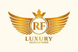 luxe Koninklijk vleugel brief rf kam goud kleur logo vector, zege logo, kam logo, vleugel logo, vector logo sjabloon.