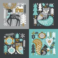 Scandinavisch Kerstmis illustratie met schattig bos- dieren, bossen en sneeuwvlokken Aan donker grijs achtergrond. vector