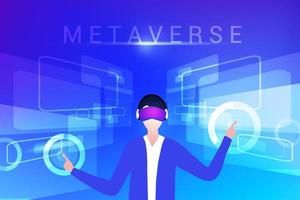 man met virtual reality-brilglas, met 3D-ervaring in zakelijke virtual reality vectorillustratie. metaverse en blockchain 3D-ervaringstechnologieconcept vector