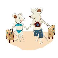 schattig hand- getrokken tekenfilm grappig muizen reizen en kom tot rust Aan een tropisch strand vector