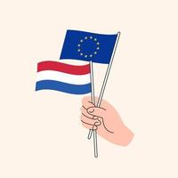 tekenfilm hand- Holding Europese unie en Nederlands vlaggen. EU Nederland verhoudingen. concept van diplomatie, politiek en democratisch onderhandelingen. vlak ontwerp geïsoleerd vector