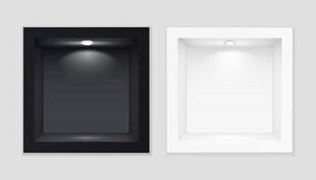 zwart en wit tentoonstelling kubiek vitrines met verlichte sjabloon vector