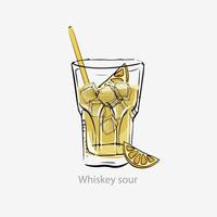 verzuren whisky cocktail. geel cocktail ijs kubussen, oranje plak rietjes lang drinken alcohol, bourbon citroen sap suiker siroop geserveerd highball vector glas, categorie onvergetelijk.