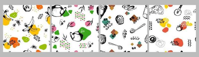 schetsen elementen naadloos patroon. hand- getrokken abstract ontwerp voor de helft geschild bananen theepot met thee zak cupcakes met toetje lepel, plakjes van pizza mes tekenfilm gekleurde vector decoraties.