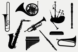 reeks van wind musical instrumenten silhouetten, trompet, fluiten, doedelzak, mondharmonica en saxofoon illustraties vector