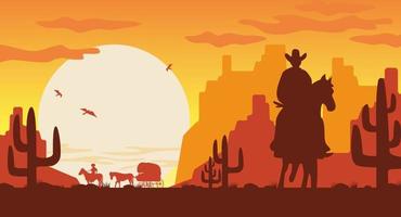 wild west landschap silhouet. silhouet cowboy op paard busje met ruiter vector achtergrond van het plaatsen van grotere zon vliegende gieren in de mojave-woestijn cactussen bergen.