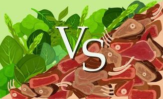 vlees versus groenten clip art. confrontatie tussen veganisten en vlees geliefden strijd tussen supporters schoon groen eco voedsel en fans auto's gebakken vector steaks.