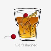 oud fashioned cocktail. oranje cocktail met oranje plak ijs kubussen kersen alcoholisch aperitief bourbon suiker Frisdrank, geserveerd onvergetelijk categorie vector oud fashioned glas.