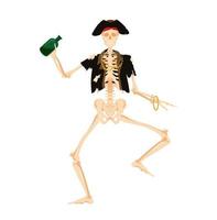 dansen skelet piraat met fles. dood zeerover in vervallen kleren gelukkig dansen met rum griezelig vector nachtmerrie nieuw leven ingeblazen.