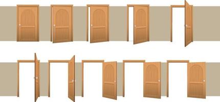 Gesloten en Open deur stappen. animatie van geleidelijk opening houten kamer bruin Ingang deur modieus modern gebouw vector interieur ontwerp in clip art stijl.