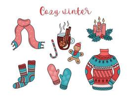 knus winter tekening ontwerp elementen. hygge set. Kerstmis trui, warm kleren, kaarsen en snoepgoed geïsoleerd. schattig hand- getrokken vector kleurrijk illustratie van gebreid dingen met ornament