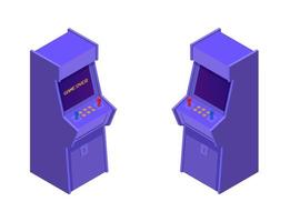 isometrische arcade-spelmachines. retro paarse consoles met twee joysticks en bedieningsknoppen, met inscriptie game over, off old vector classic van gaming isometrische industrie.