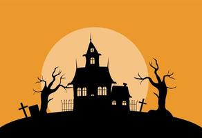 mystiek huis in begraafplaats silhouet illustratie. spookachtig oud paleis met droog bomen en grafstenen tegen instelling zon met griezelig gotisch vector. vector