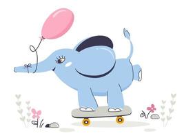 een fantastisch baby olifant met een ballon ritten een skateboard. gelukkig verjaardag kaart vector