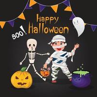 schattig halloween illustratie met een skelet, geest en een jongen gekleed net zo mama. vector