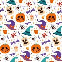 naadloos vector halloween patroon met heks hoeden, pompoenen en snoepgoed geïsoleerd Aan wit achtergrond. illustratie voor textiel, afdrukken, kaart, uitnodiging, behang, kleding stof