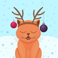 schattig Kerstmis kat met met Kerstmis ballen en hert hoorns. winter ansichtkaart. vector illustratie. tekenfilm stijl.