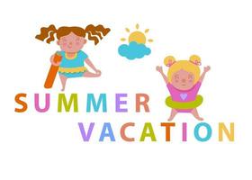 weinig meisje in een zwempak met een strand mat en een meisje met een zwemmen cirkel Aan zomer vakantie vector